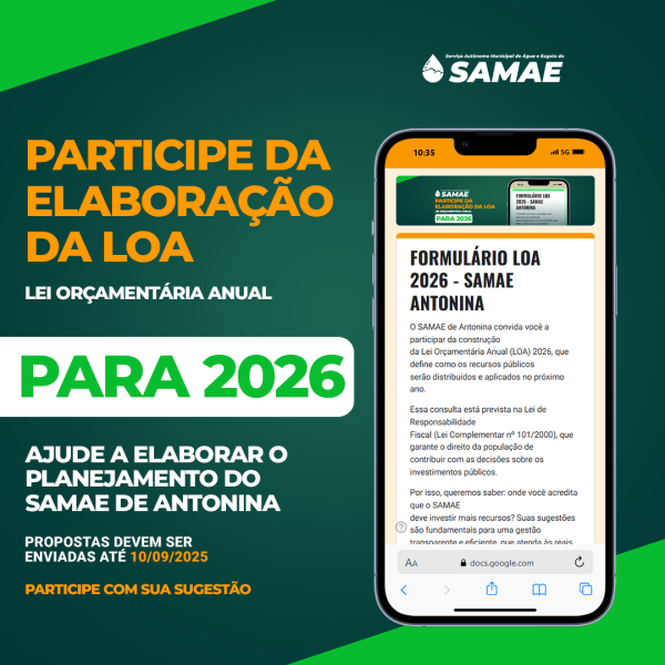 Samae divulga formulário de Participação da LOA - Lei Orçamentária Anual